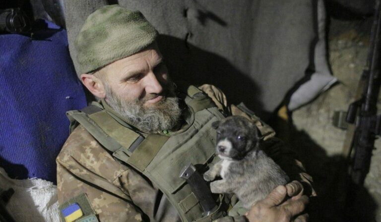ukrán katona kutyával Donbászon