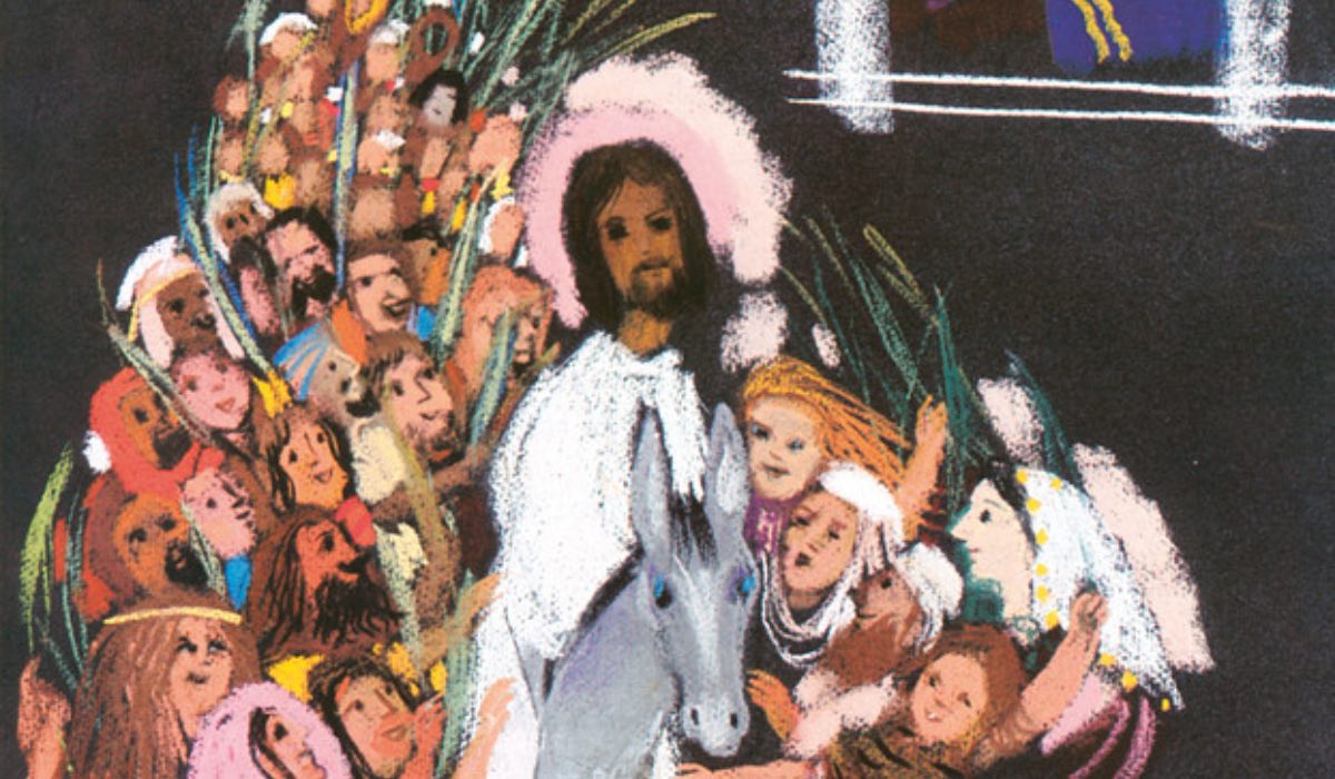 Szántó Piroska: Jézus bevonul Jeruzsálembe, 1975–77, színes krétarajz, 64,5x45,5 cm, Esztergom, Keresztény Múzeum